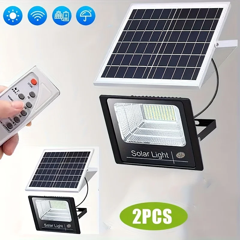 

2PKS 6500K IP54 Waterproof Solar Flood Light Outdoor Remote Solar Power Security Light Auto On/Off Dusk to Dawn for Yard Gazebo Shed Barn Porch Patio Garage Garden