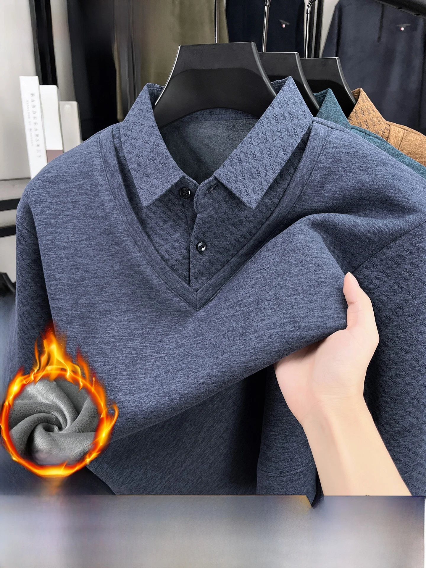 

Men's Knitted Fce Lined Thiened Winter irt Fake Two-Piece Sle Mid-aged And ly Suitable Long Sve Crew Ne