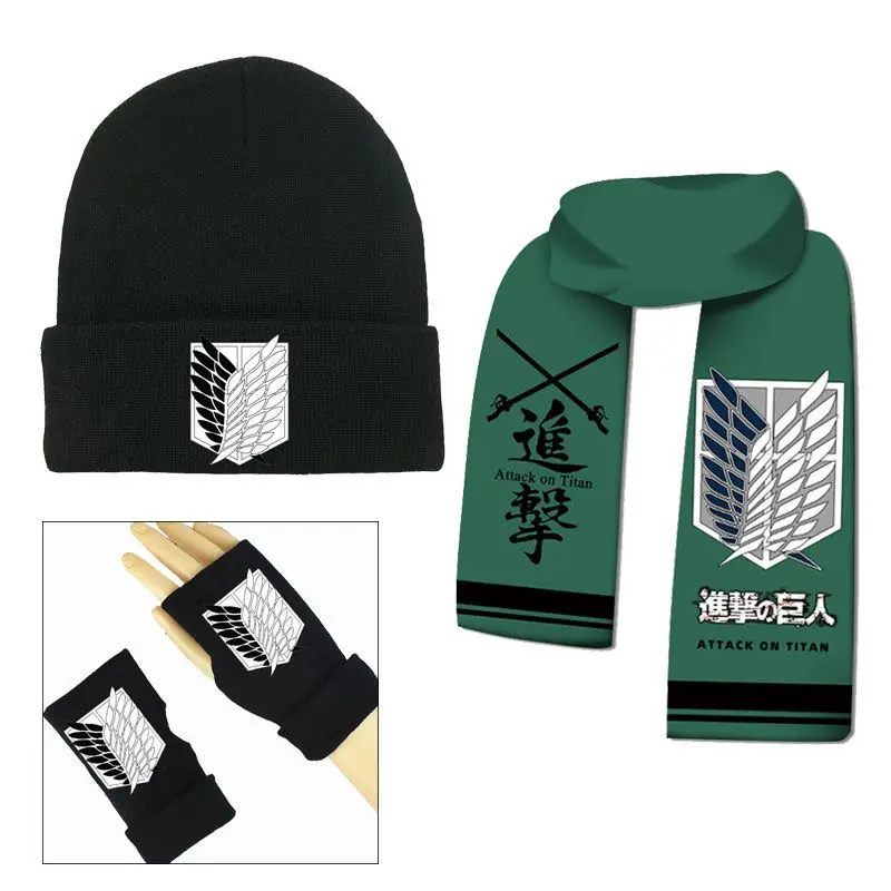 Attack On Titan Eren Jaeger anime peripheral outdoor autumn and winter warm windproof scarf, hat and gloves for boys and girls