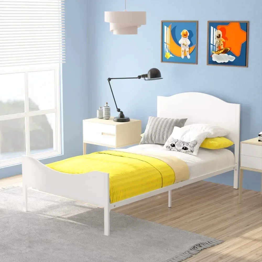 

Children's double bed, wooden headboard and tailboard, metal platform bed frame, modern children's bed furniture, children's bed