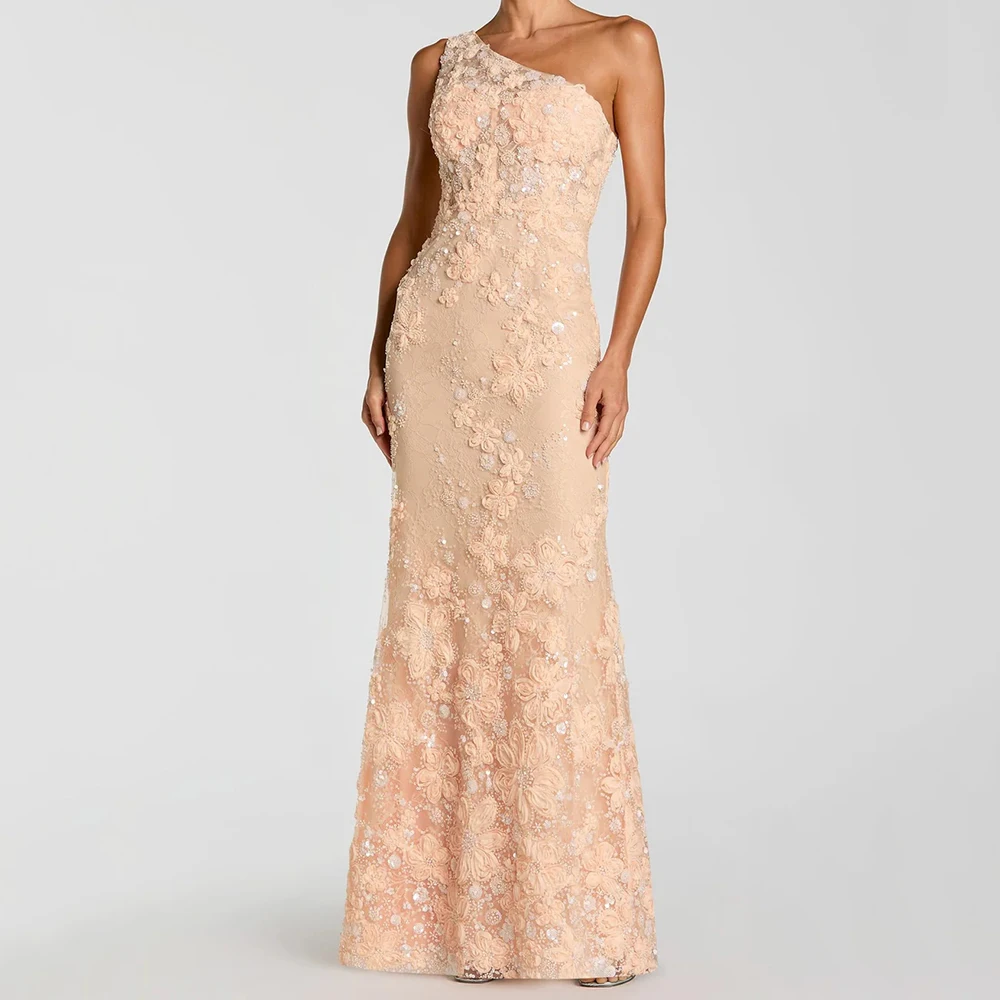 

Women's A-line Evening Dresses Floor-length One-shoulder Sleeveless Prom Gown Fashion Sequined Flowers Draped Customized Gowns