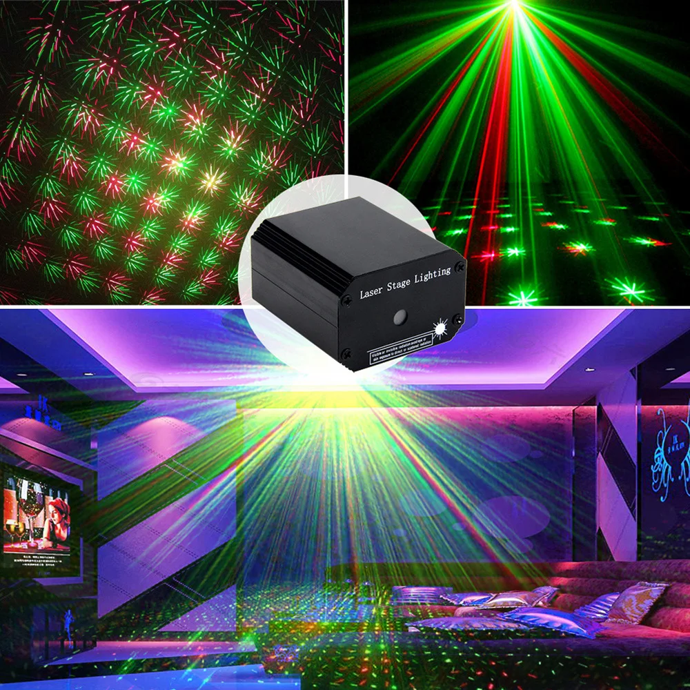 Portable Mini 2in1 LED Stage Light DJ Disco Light Projector Laser Lights Sound Activated Flash Light for Christmas Wedding Party