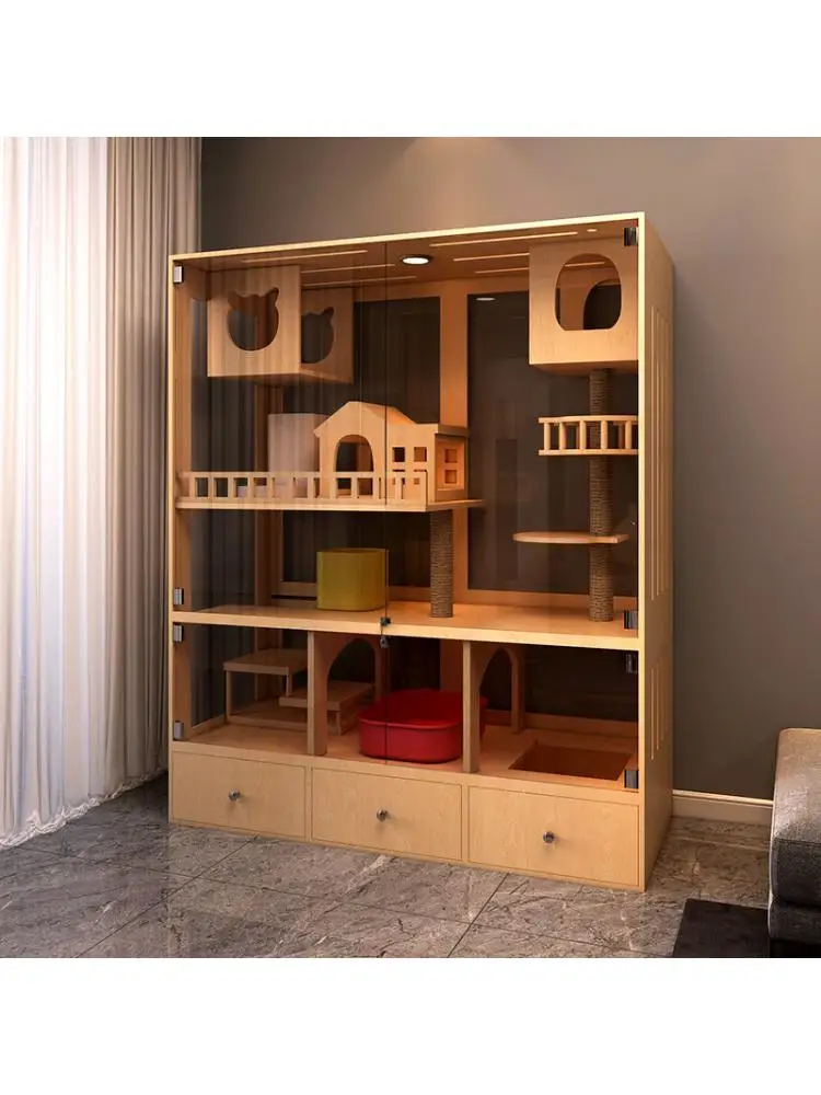 Panoramic Solid Wood Cat Villa, Cat Litter, Free Space, Cat Cage, Home Indoor Cat House, Cat Cabinet