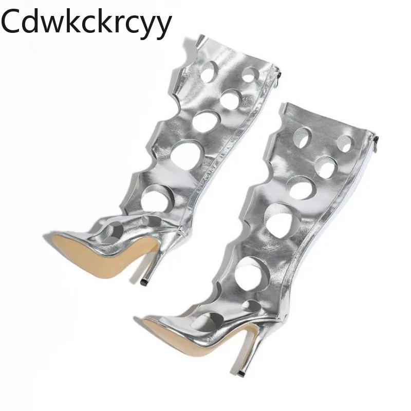 Летние новые стильные модные женские ботинки на высоком каблуке с открытым носком, сексуальные женские летние крутые ботинки на молнии на тонком каблуке, высокие 11 см