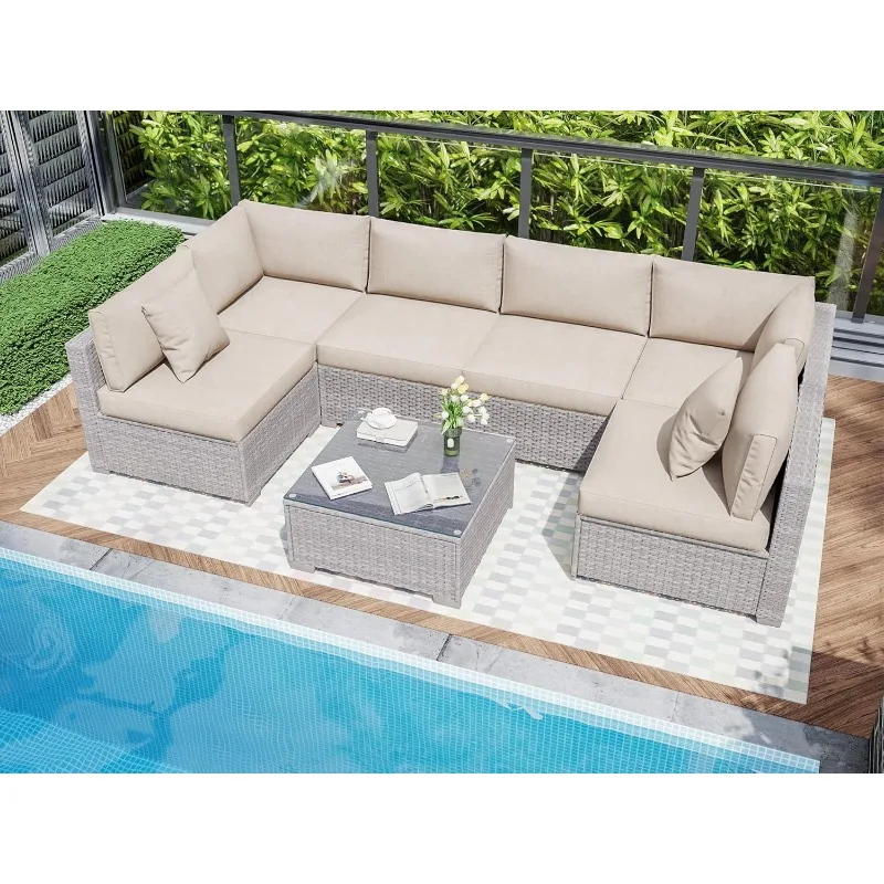 KIGOTY Patio Furniture Set 7 Pieces Conversation Sets, Outdoor Sectional Sofa, All-Weather PE Rattan Modular Sofa