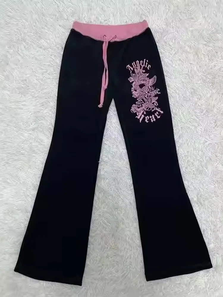 Klassische schlanke Bootcut-Hose für Damen, Hip-Hop-Streetwear, Kordelzug-Hose, Frühling und Herbst, Y2K, rosa-schwarze High-Street-Bootcut-Hose
