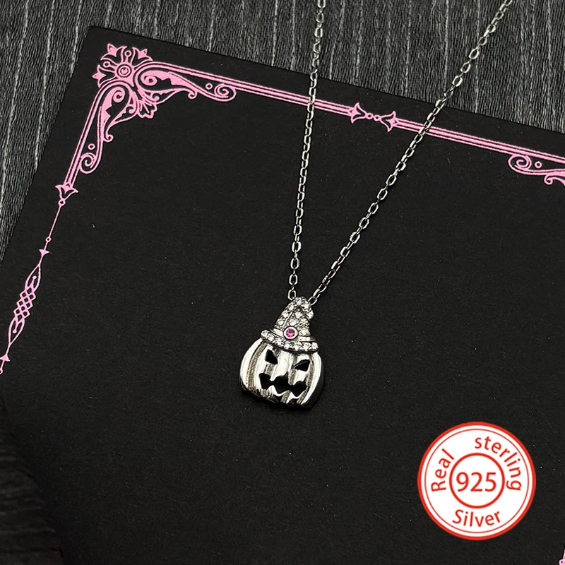 

Luxury 925 Sterling Silver Zircon Pumpkin Lantern Witch Hat Pendant Necklace for Women Girl Fashion Party Chain Jewelry Gift