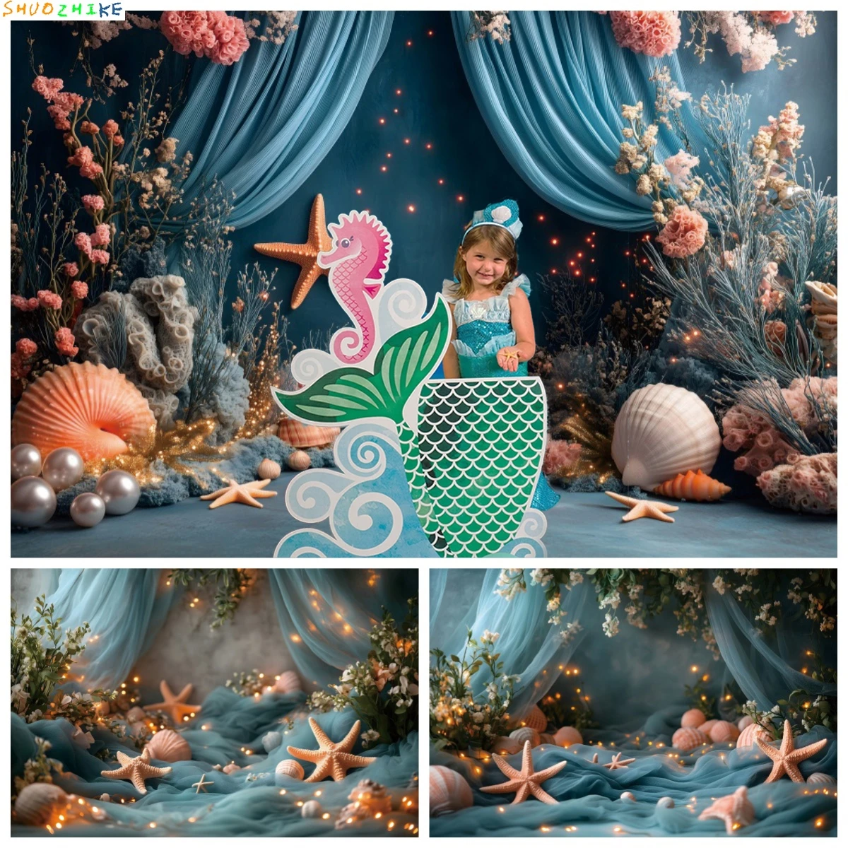 

Under The Sea Backdrop Photography Underwater Little Mermaid Princess Girl Birthday Party Decoration Cake Smash Photo Background
