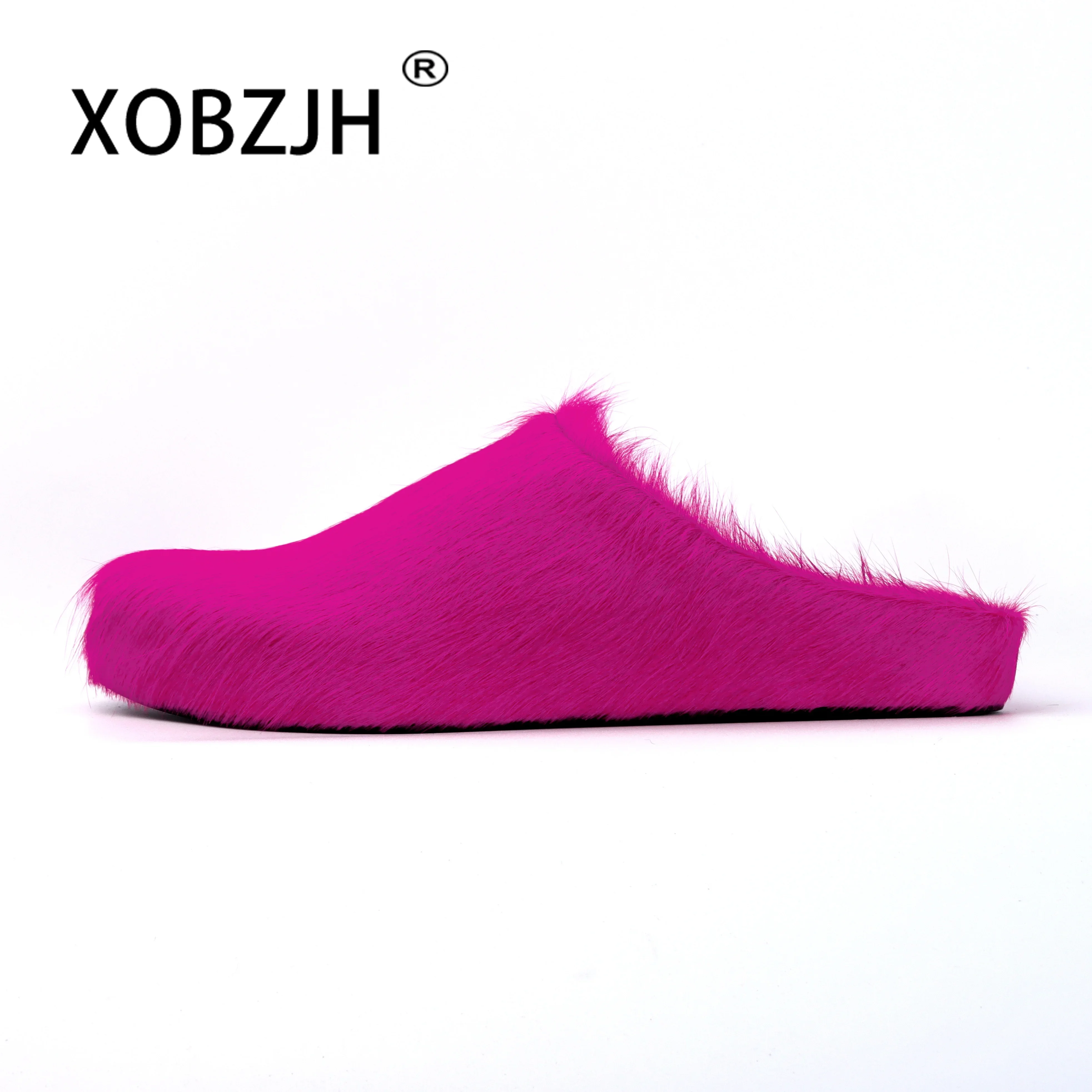 2024 Real Leather Slides Horsehair Italy fur Slippers Women Mule Runway Flats Thick Sole Leisure Luxury Designer Brand Shoes