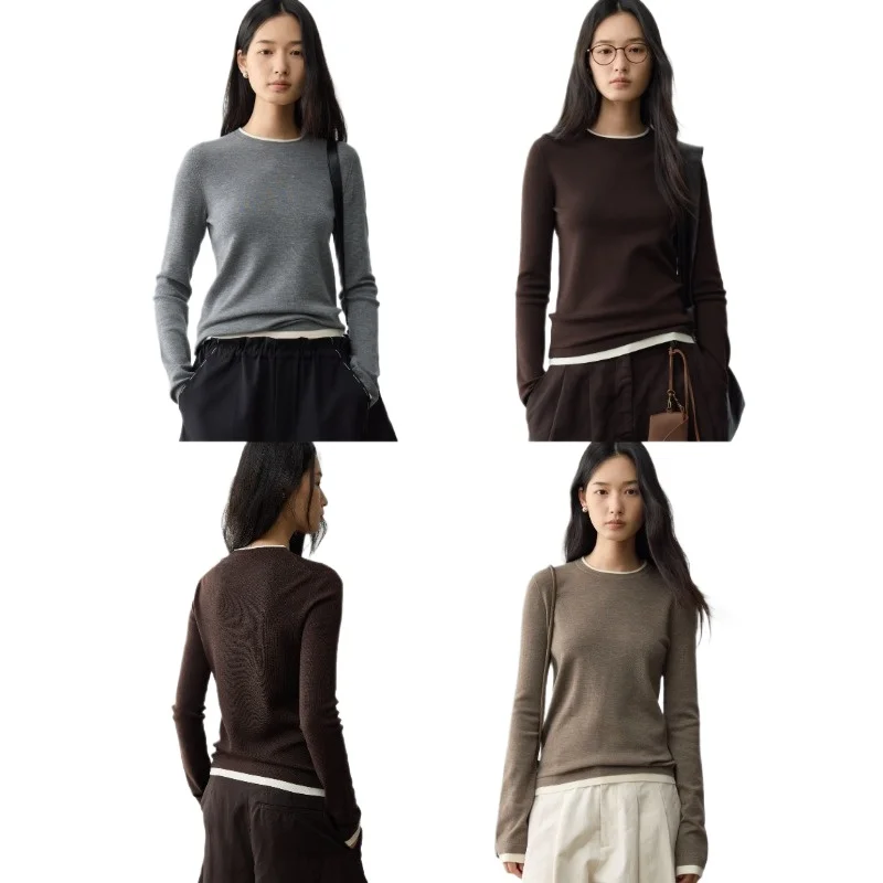 Quality static luxury _18 needle thickened dense weave German BY worsted wool color matching fake two-piece crew neck top