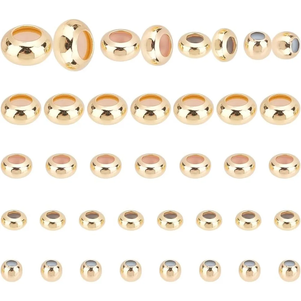 

48 шт., 14-каратное золото, бусины-слайдеры, 4 размера, стопорные бусины, латунная прокладка, резиновая вставка, установочное кольцо, регулируемая длина, разделительные бусины для DIY