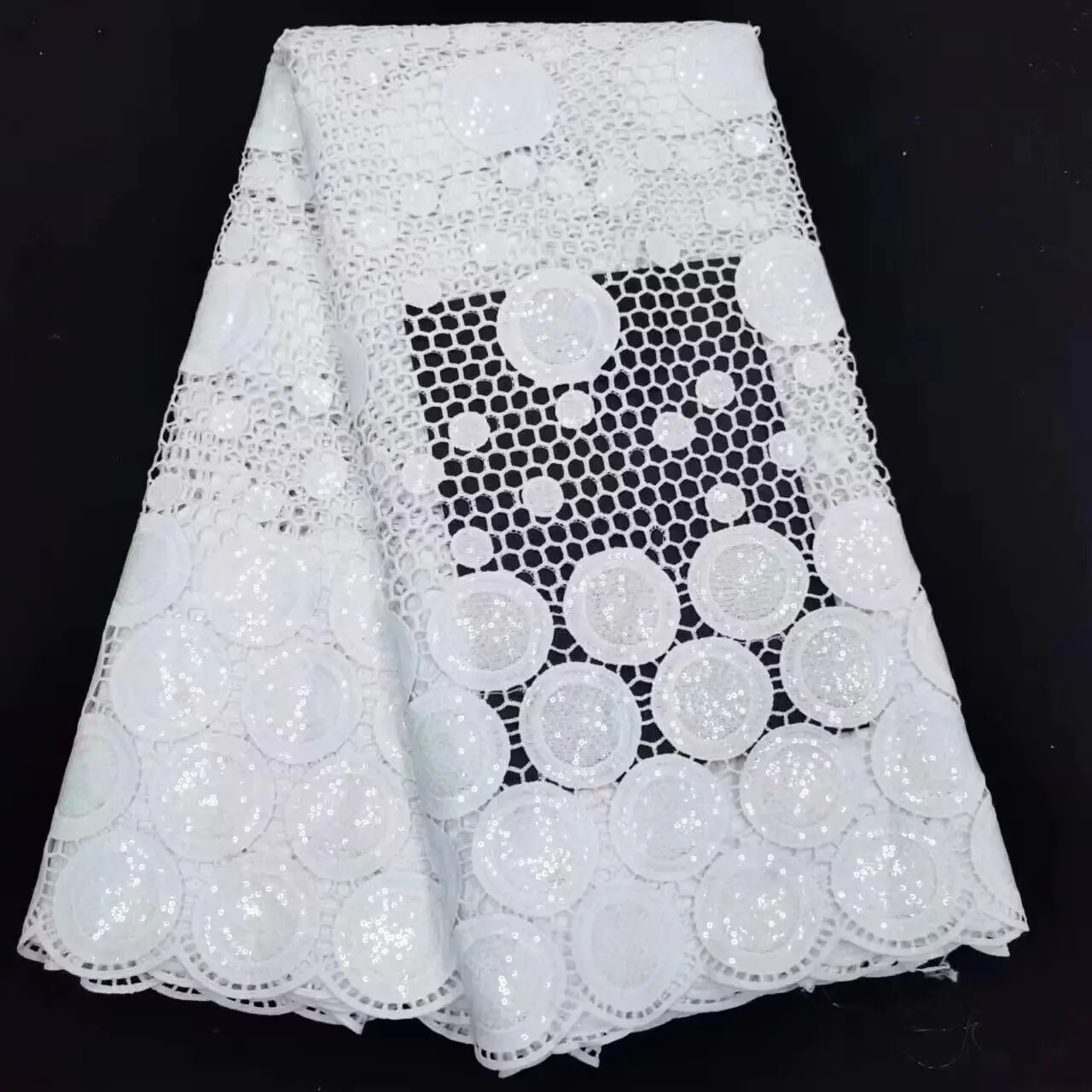 Pure White African Guipure Cord Sequins Lace Fabric Embroidery Nigerian Water Soluble Fabric Stones For Dress