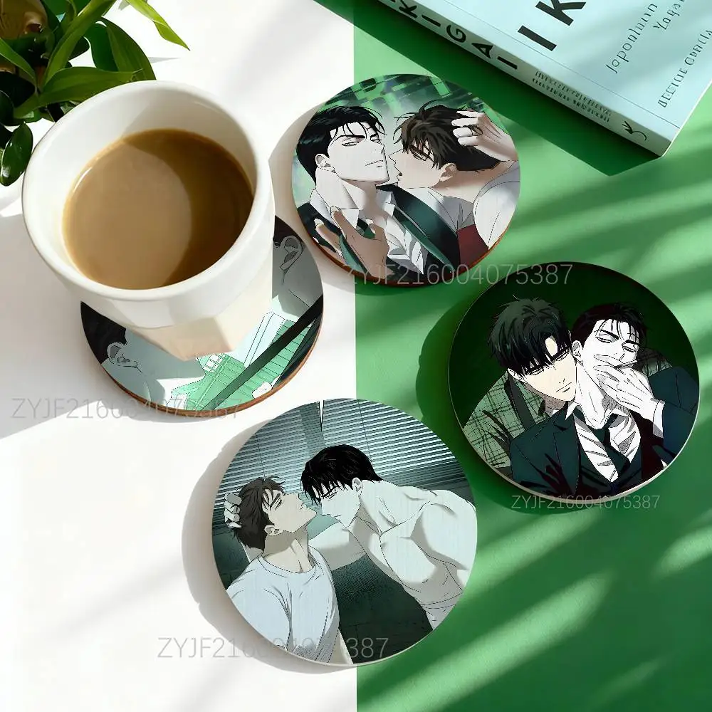 J-Jin M-Matthew Green Light Pattern Art Coasters Round Wooden Heat Resistant Non-Slip Home Decor Gift Multifunctional