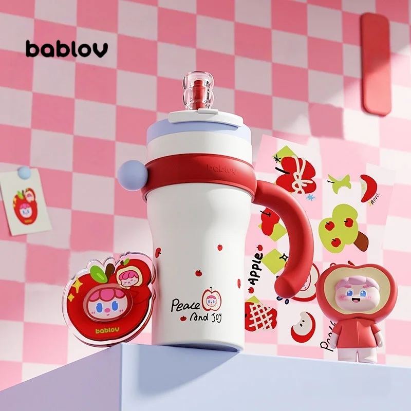 Bablov 800/1250ml Vacuum Flasks Ceramic lined Thermos Cup with Straw & handle Large Capacity Camping Beverage Cup Tea Ice Cup