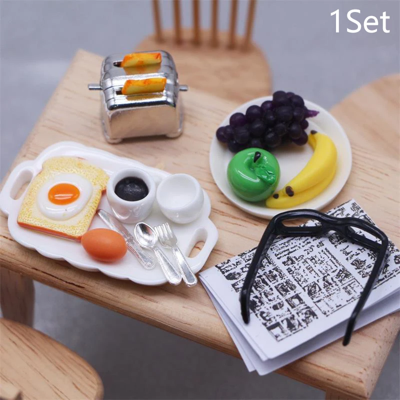 

1Set 1:12 Scale Miniature Dollhouse Bread Machine Breakfast Set Egg Bread Fruit Breakfast Tray Suit Model Mini Kids Kitchen Toys