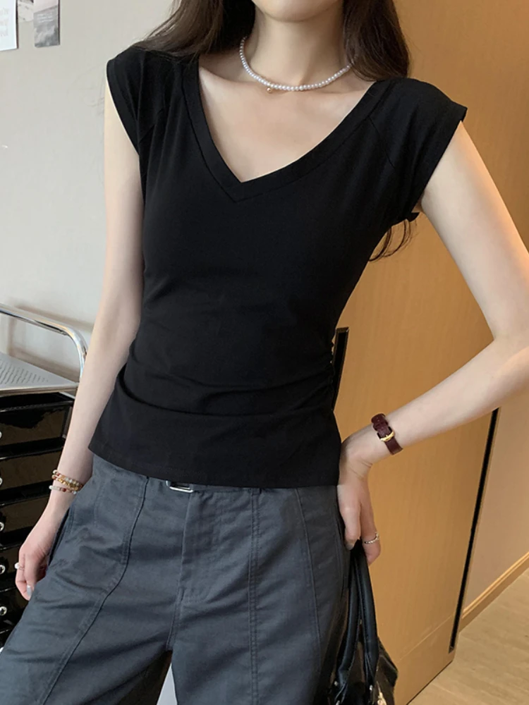 Katoen Korte Mouw T-shirt Vrouwen V-hals Tees Casual Witte T-shirts Basic Tops Koreaanse Vrouw Kleding Zomer Ropa De Mujer 2025