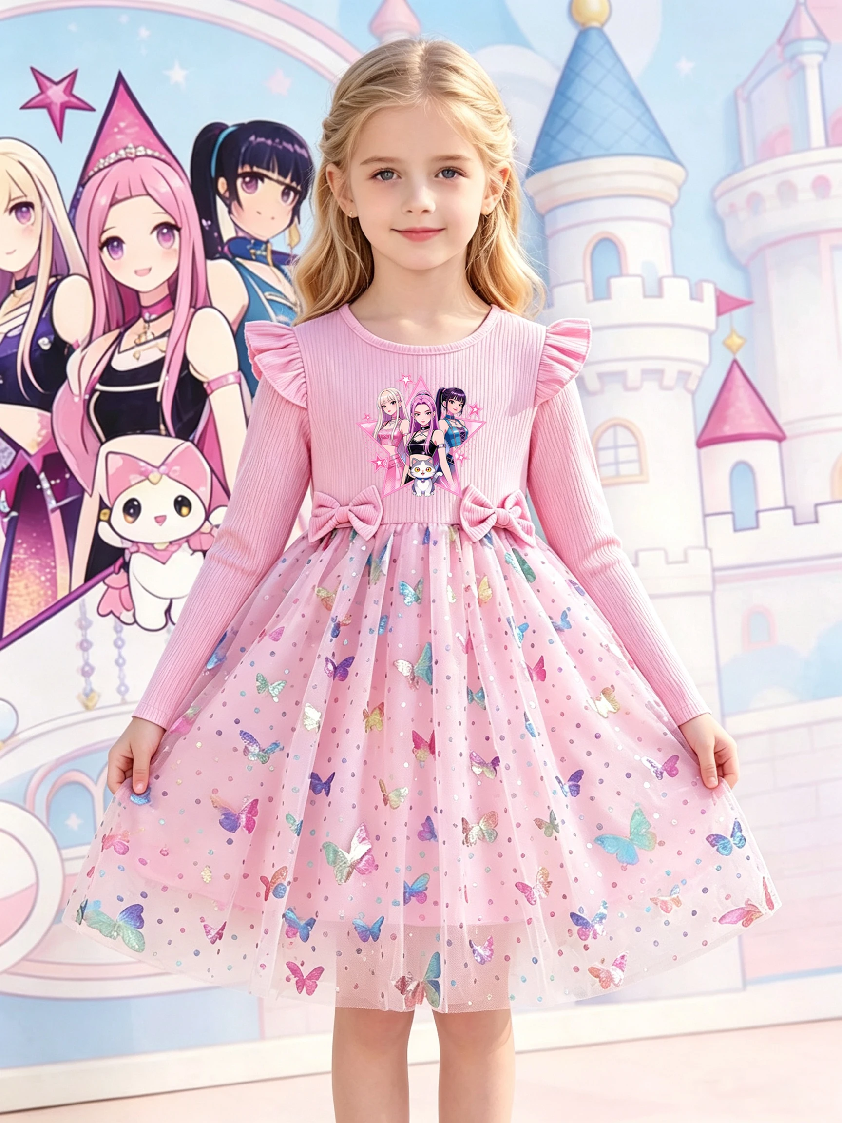 Langärmliges Tüllkleid für Mädchen, Cartoon-Druck, Schleifendekoration, Pailletten-Schmetterlings-Tüllrock, Herbst-Outfit im Prinzessinnen-Stil für Li – Detail 3