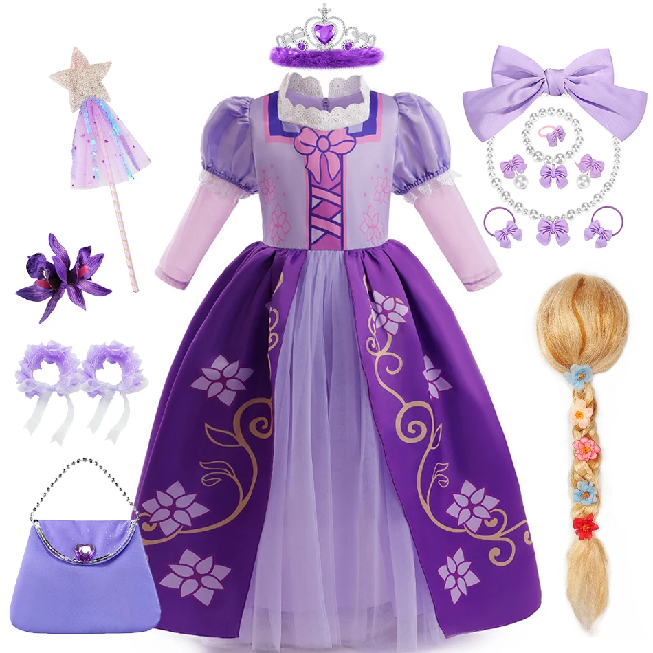 Rapunzel Cosplay Princess Dress para meninas, traje de palco para crianças, Carnaval de Halloween, Natal, Festa Festival, vestido elegante