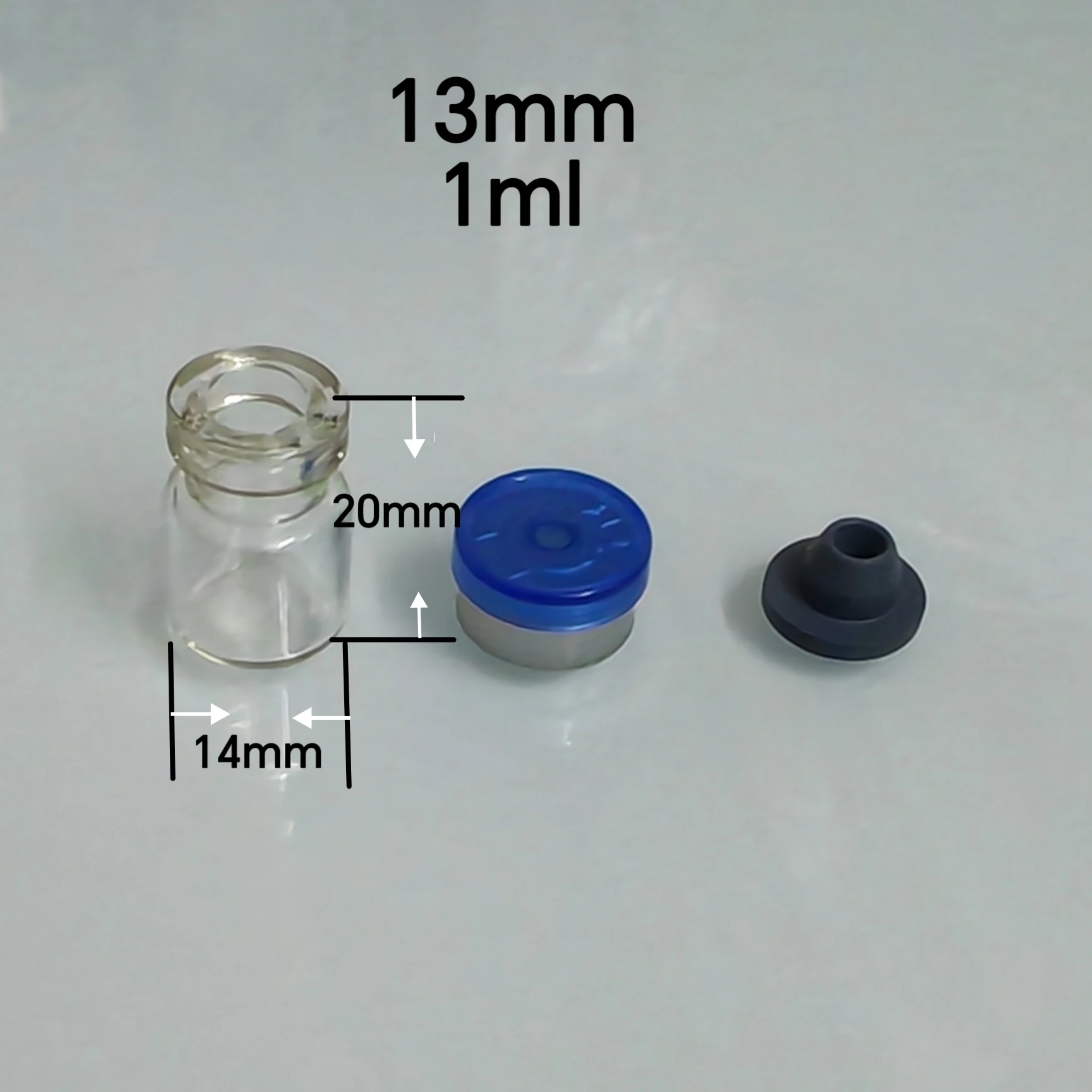 200セット-ロット-1ml、13mm開口部、13mmゴム栓とプラスチックキャップ付き透明ガラスバイアル、ガラス瓶