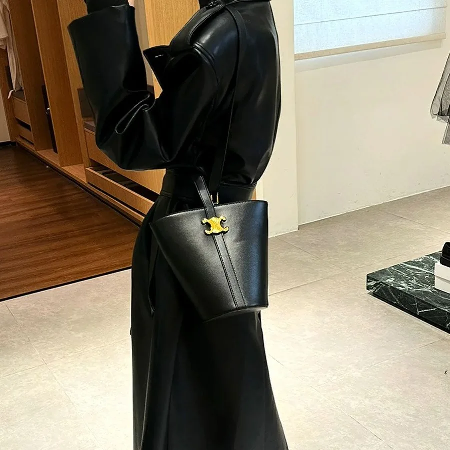 High-end Leather Jacket Women's 2025 Autumn Fashionable Temperament Lapel Lace-up Waist Mid-length Leather Jacket Coat