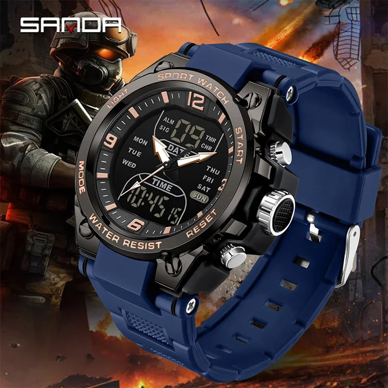 SANDA مقاوم للماء 50 متر الرجال الساعات العسكرية التكتيكية G-نمط ساعة للرجل الفاخرة الرياضة كوارتز ساعة اليد LED ساعة رجالي رقمية