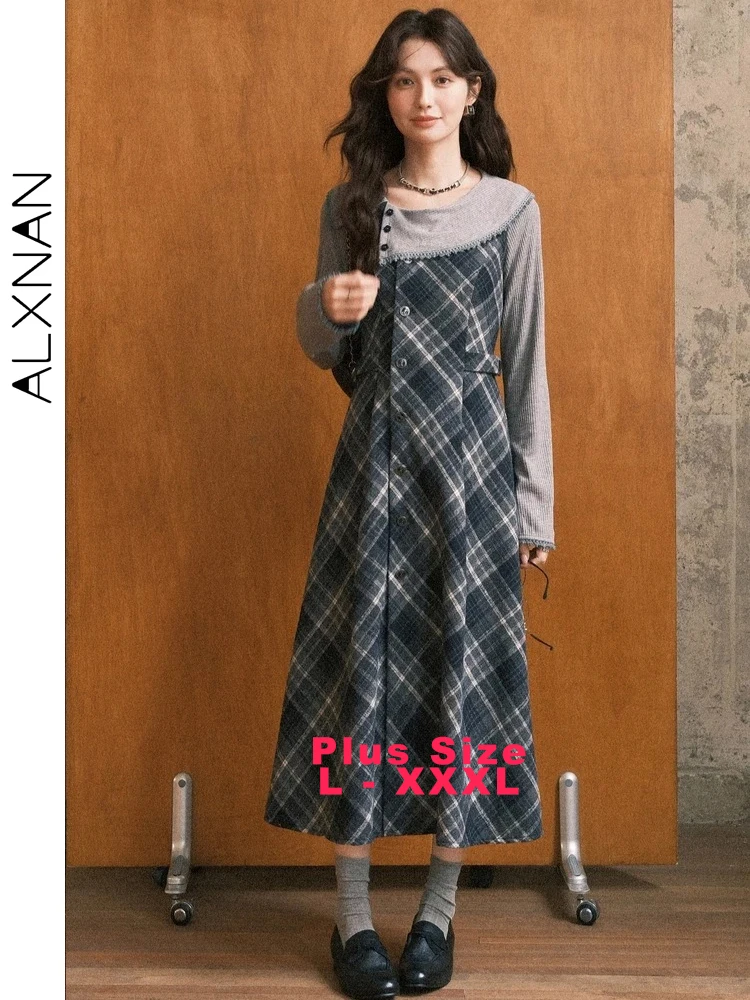 

ALXNAN Plus Size Plaid Sleeveless Dress V-neck Hidden Buttons A-Line Dresses 2026 Spring Vintage Elegant Long Dress D57506