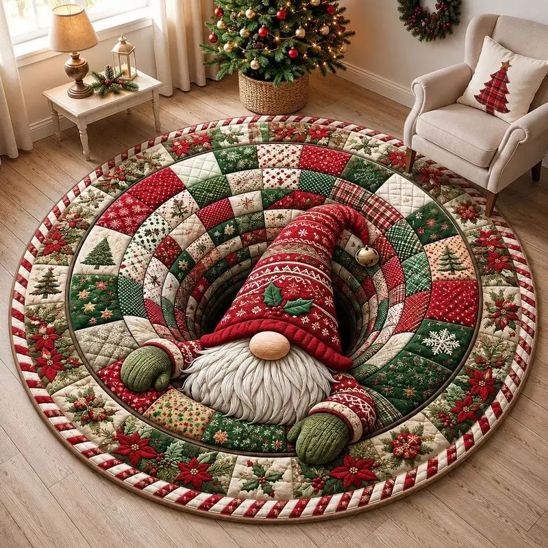 VIKAMA Christmas Round Rug 3D Fireplace Campfire Santa Print Flannel Carpet Non Slip For Living Room Holiday Decor
