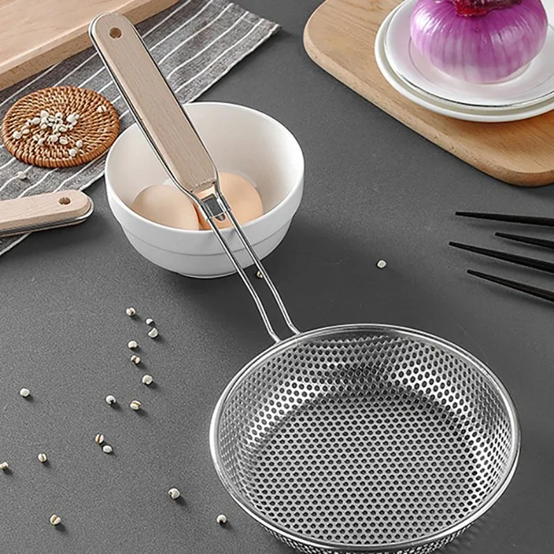 

Kitchen Stainless Steel Wooden Handle Colander Skimmer Fine Mesh Grease Filter Pasta Cooking Food Prep