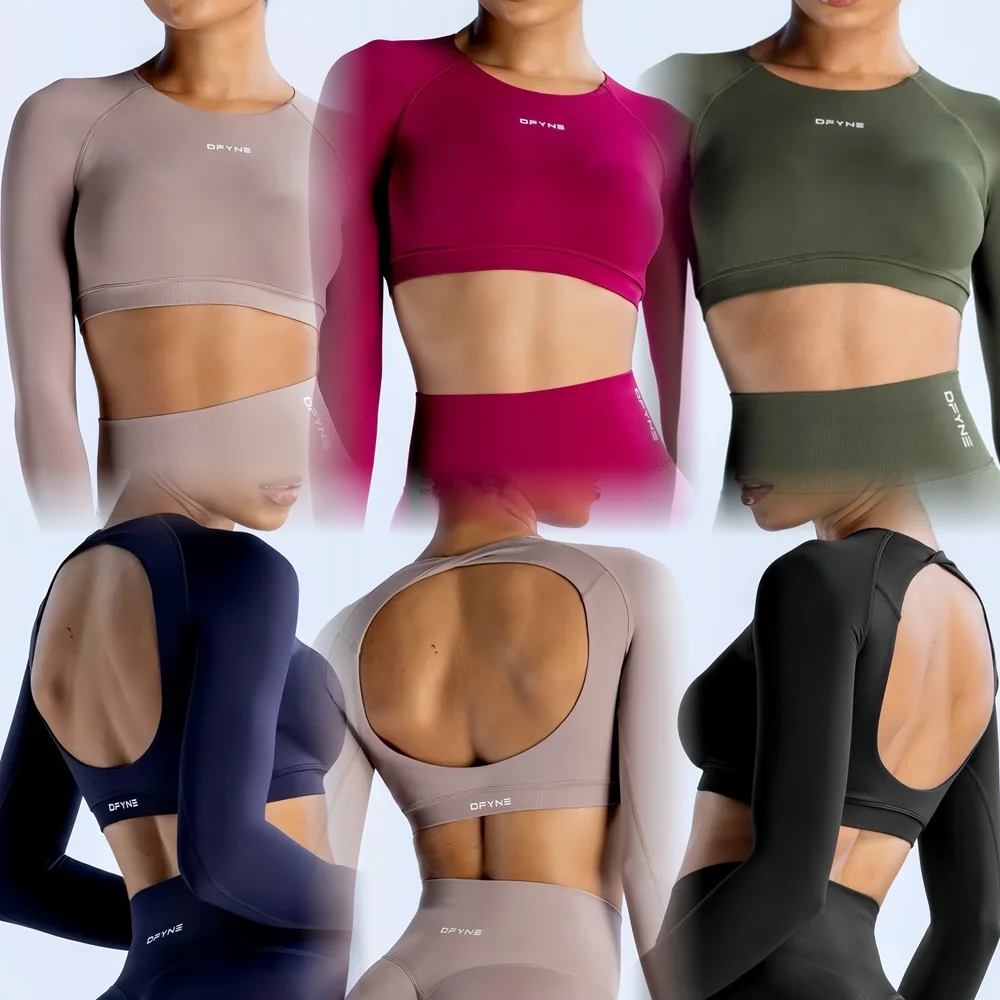 Dynamic Long Sleeve Crop Top with Logo Women Short Sleeve Yoga Top Light Weight Gym Crop Top Seamless Bicycle Sports Long Sleeve