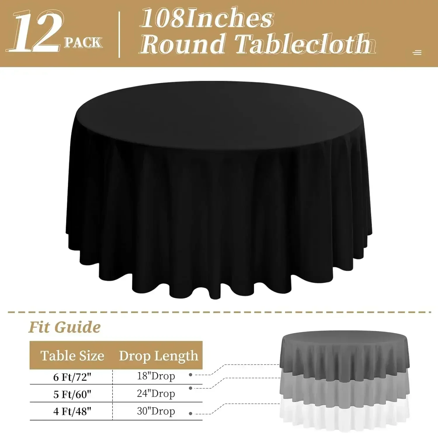 12 Pack Round Tablecloth 108 Inch - Black Polyester Table Cloth for Round Table, Premium Stain and Wrinkle Resistant Washable Fa