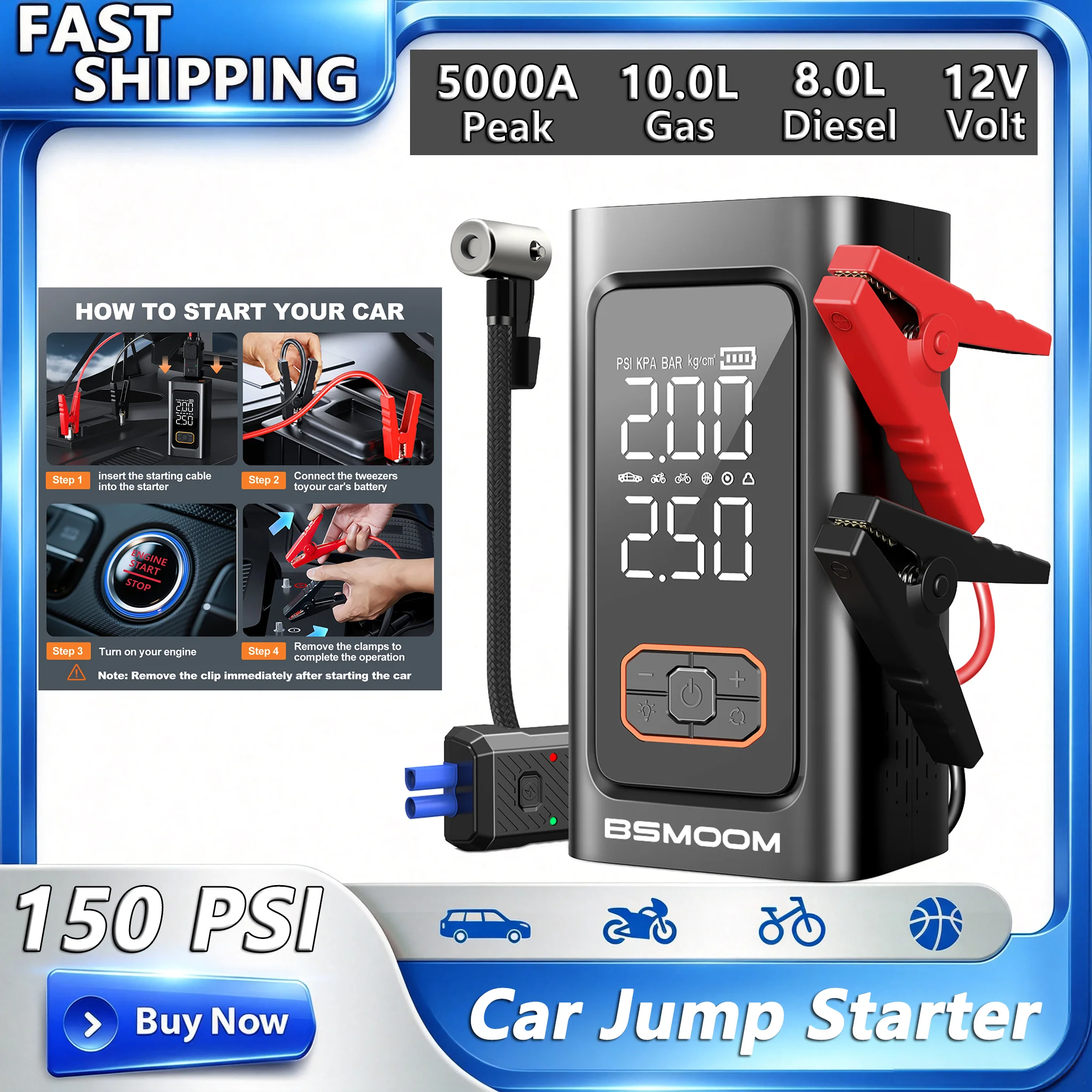 Avviatore portatile 2-in-1 per auto con strumenti di riparazione, avviatore di emergenza per auto con corrente di picco di 5000A, compressore d'aria da 150 PSI, power bank portatile da 26800 mAh per