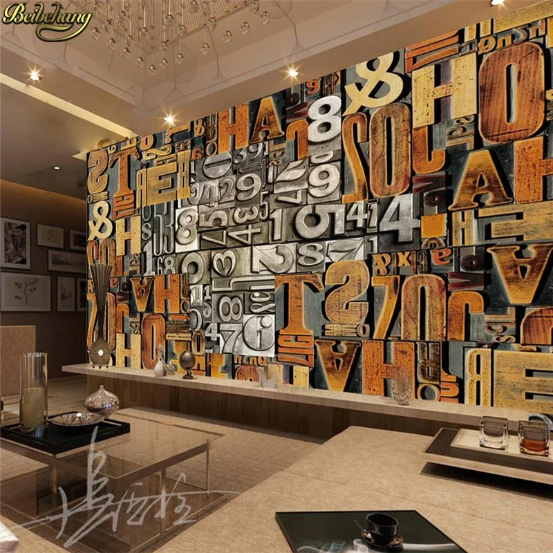 custom papel de parede 3D English alphabet wallpaper photo mural painting living room photo wood alphabet wall paper Cafe Bar