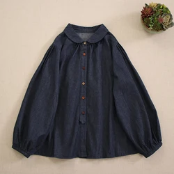 Japanese Mori Girl Vintage Denim Blue Shirt Women Spring Autumn Peter Pan Collar Long Sleeve Casual Loose Jeans Blouse Blusas