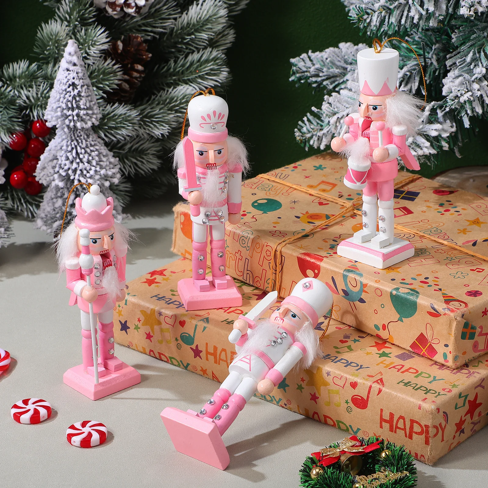 

4Pcs Desktop Wooden Nutcracker Decor Xmas Hanging Adornment for Home Office Christmas Traditional Nutcracker Pendant