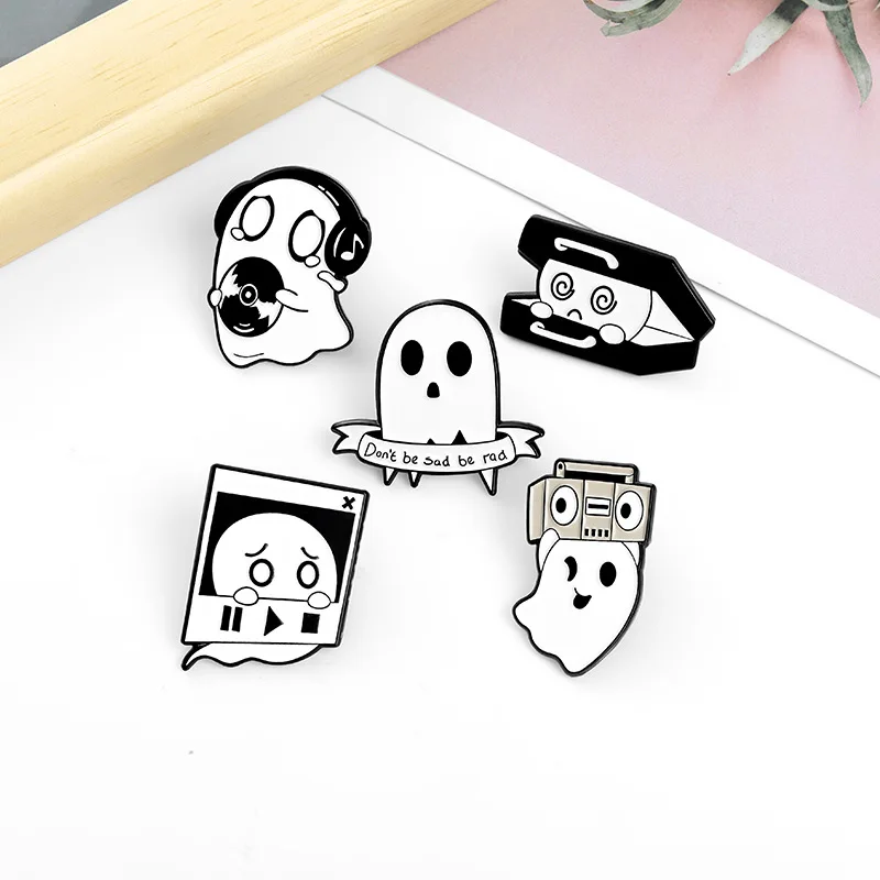 Cute Boo Enamel Pins Custom Ghost Music Box Brooch Lapel Badge Bag Cartoon Funny Jewelry Gift for Kids Friends