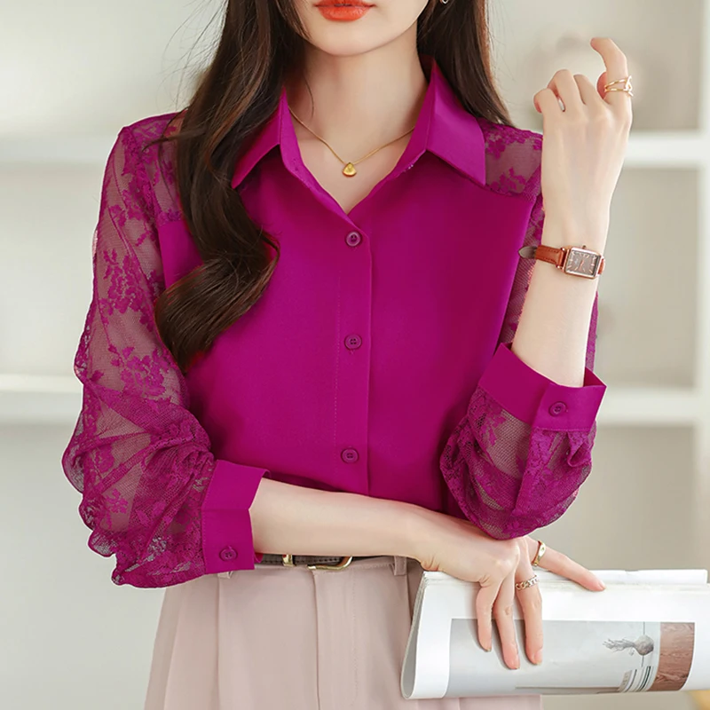 قميص المرأة الربيع الصيف بولو طوق الدانتيل بلوزة شيفون كم طويل سترة أنيقة مكتب بلوزات فضفاضة قميص كروشيه أسود