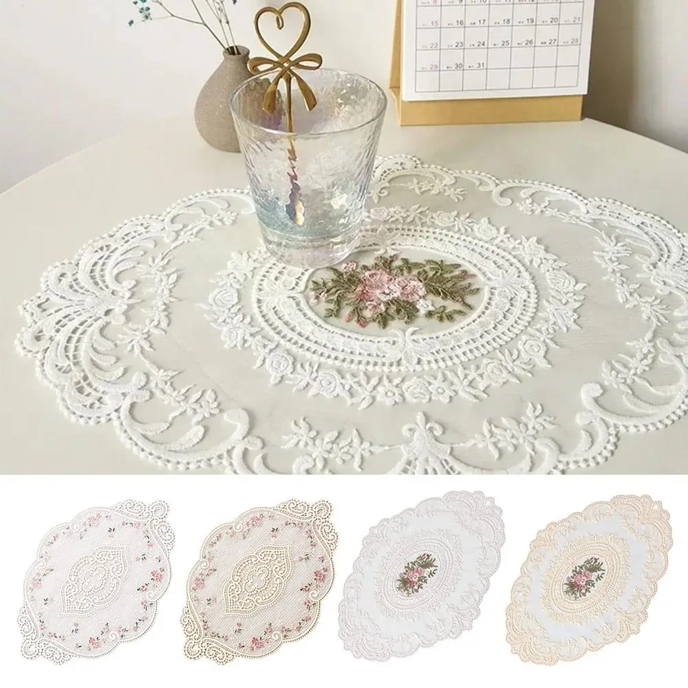 European Oval Retro Vintage Lace Embroidered Coaster Dish Tableware Mat Kitchen Cup Placemat Dinner Table Decor Mat Cloth view 2