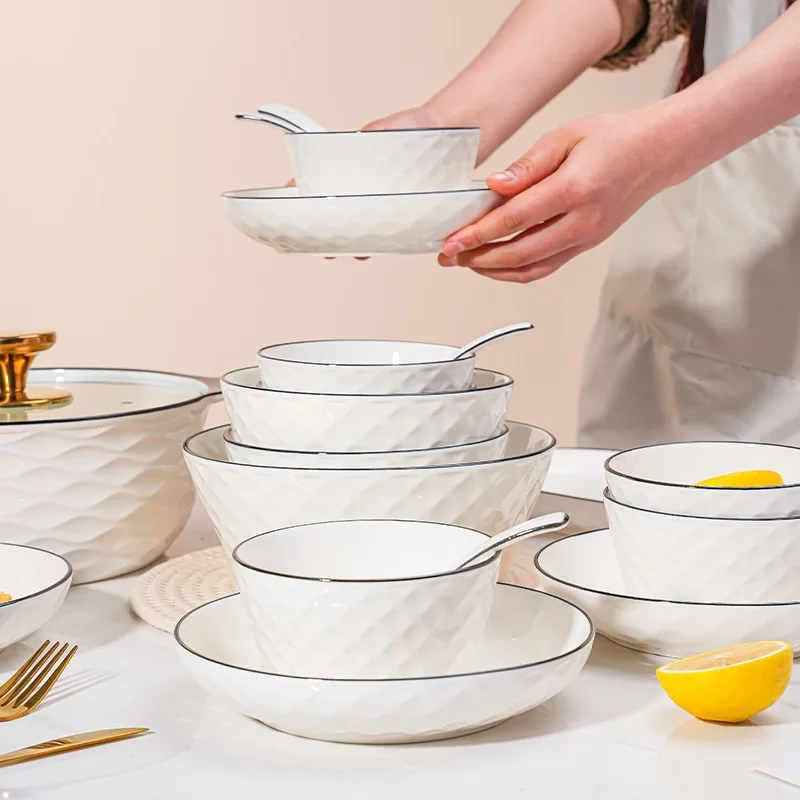 

Minimalist Nordic style black line 2-10 person ceramic bowl and dish set, home creative bowl, dish, tableware, gift set