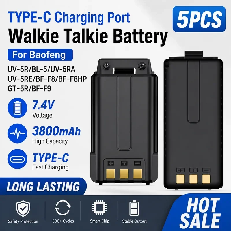 [New] [BL-5] for Boafeng UV-5R UV-5RA UV-5RE BF-F8 BF-F8HP GT-5R Walkie Talkie 7.4V 3800mAh 5PCS with Type C Charger