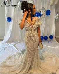 Custom Made Pearls Mermaid Engagement Party Dress Off Shoulder Elegant Long Women Evening Dresses Robes De Soiree Birdal Gowns