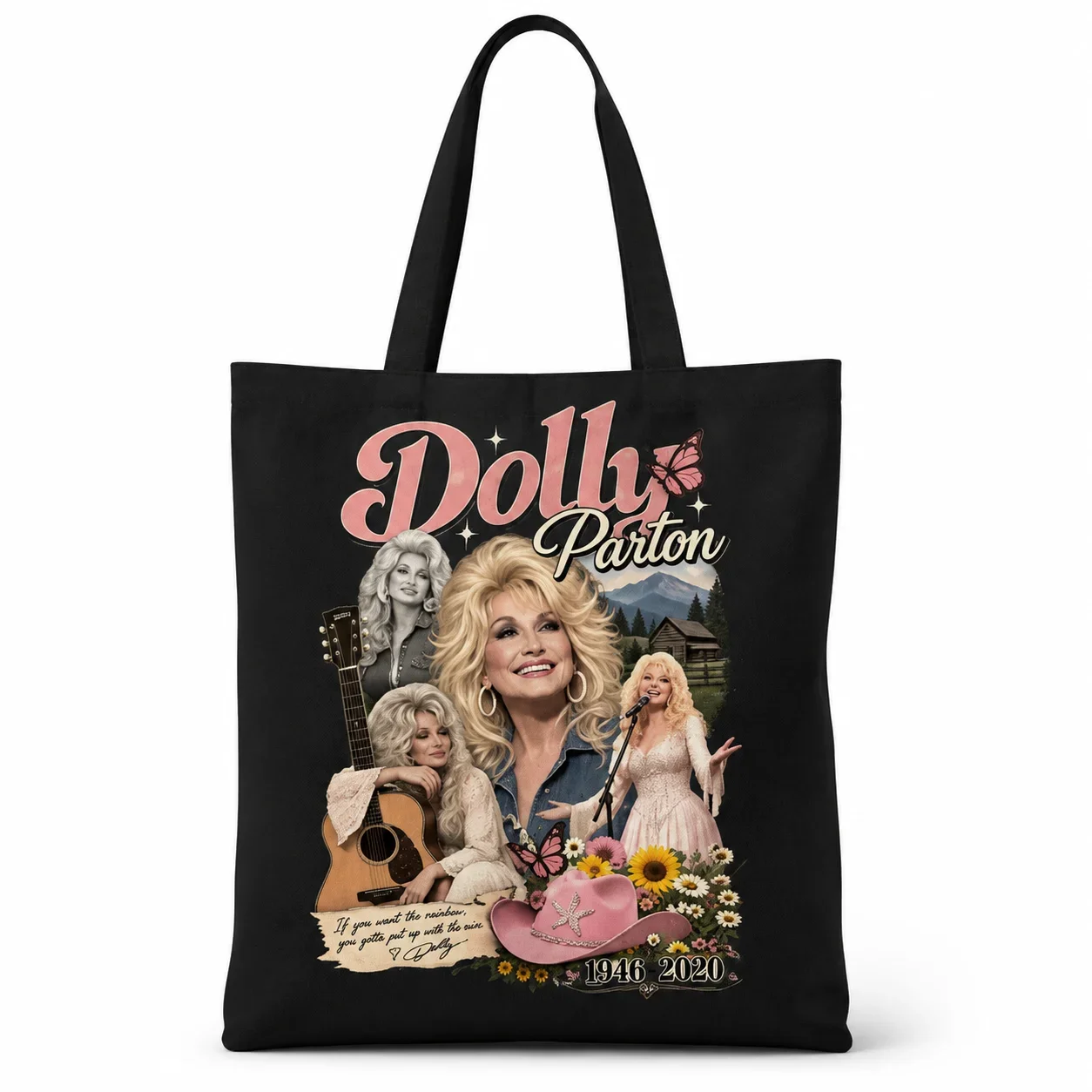 2026 Y2K Dolly Parton Quote Print Canvas Tote Bag Women Inspirational Rainbow Country Cowboy Hat Shopping Casual