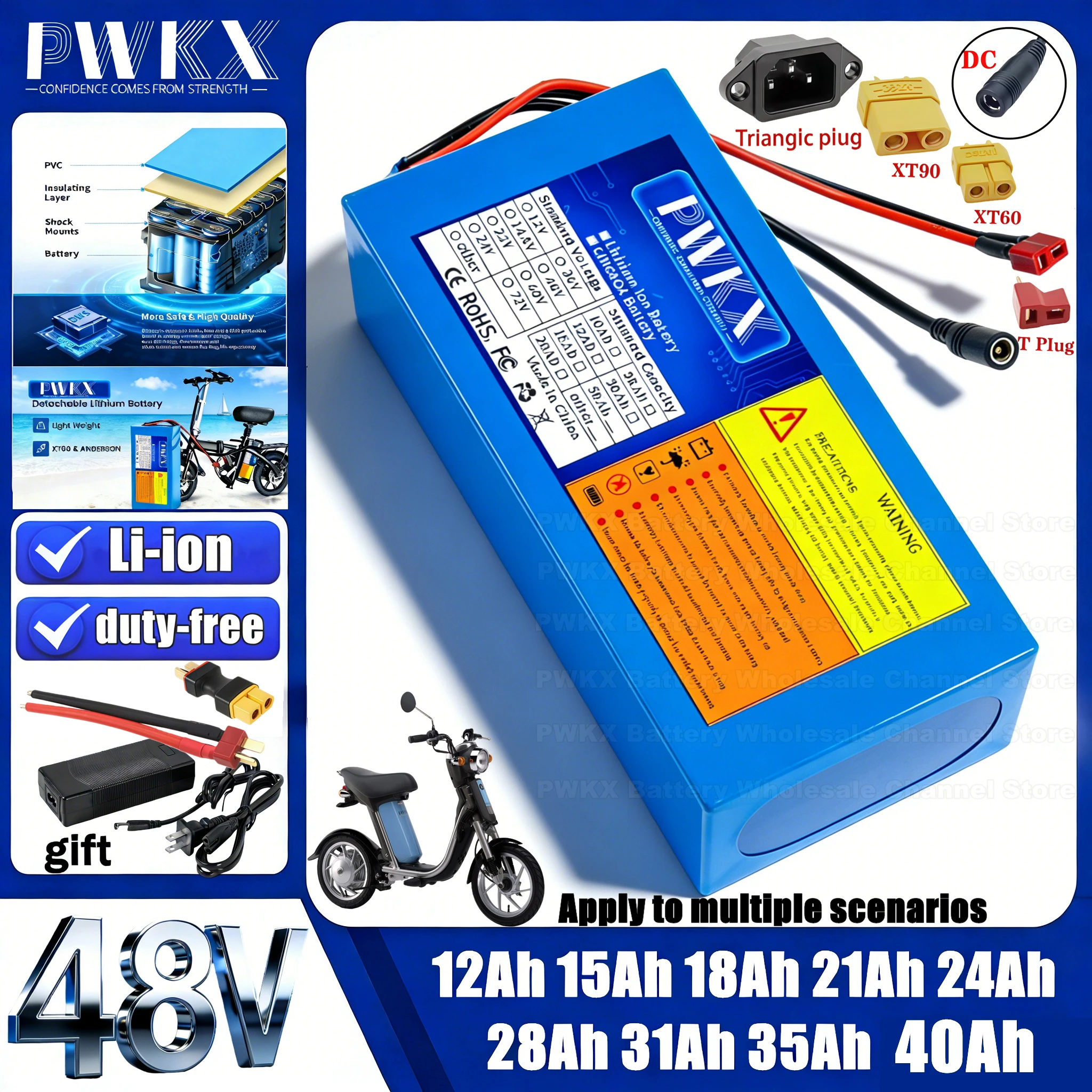 

48V 40AH 35AH 28AH 21AH 18AH 15AH 12AH lithium battery pack with built-in BMS 1000W 1500W motorcycle motor rechargeable battery