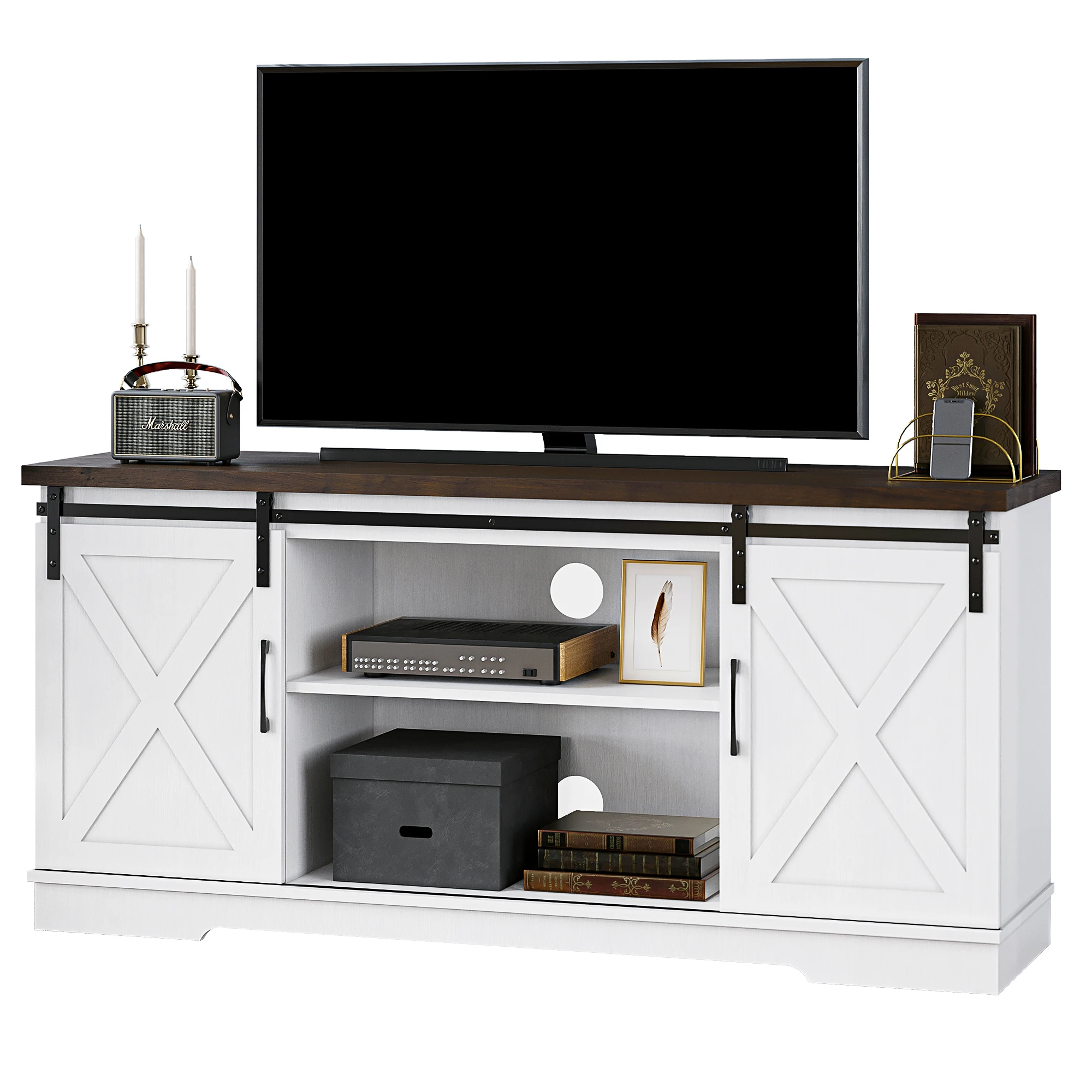 Farmhouse TV Stand, Entertainment Center for 65 Inch TV Media Console Cabinet, White Barn Doors TV Stand with Storage and Shelve