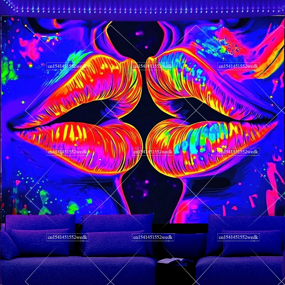 Blacklight Lip Tapestry Glowing Tapestry UV Reactive Neon Posters Wall Hanging For Living Room Party Decor Photo Shoot Props