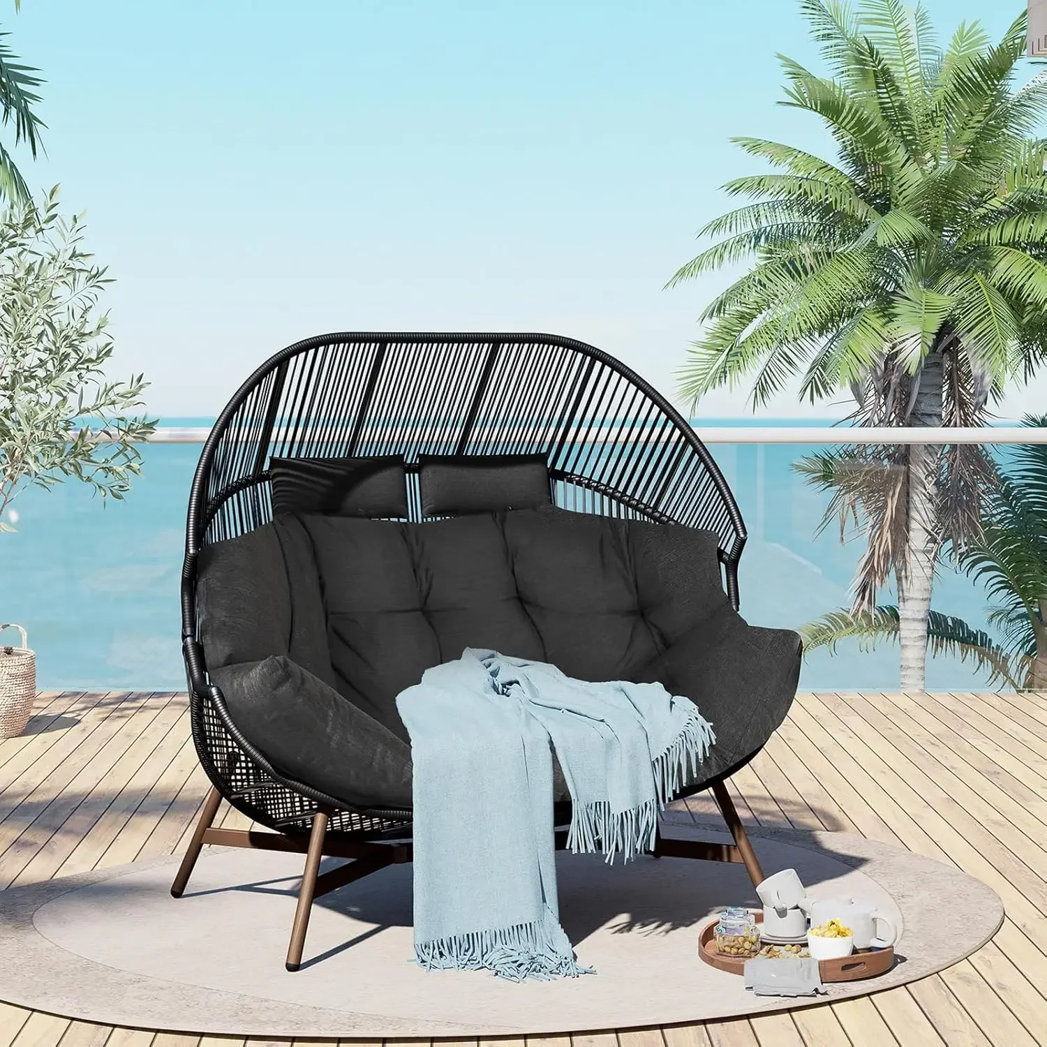 Outdoor Modern 2-Seat Wicker Egg Chair with Cushion, Stationary Patio Loveseat Accent Chair, Grey