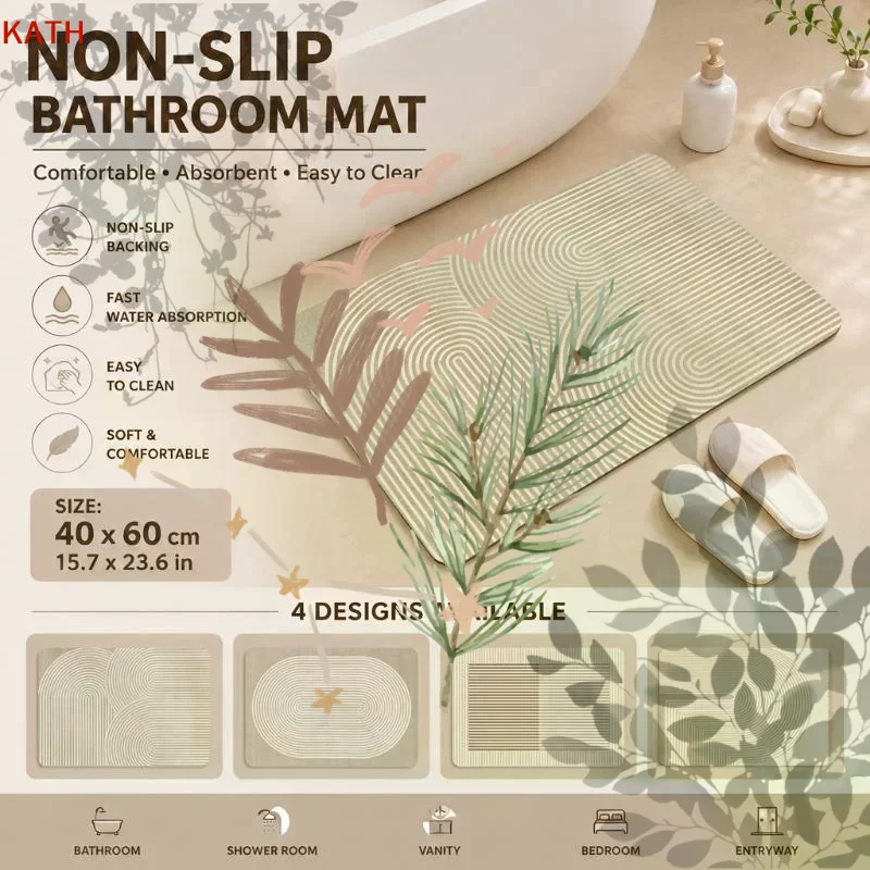 Non Slip Bath Mat - ベージュのストライプ柄珪藻土バスマット、速乾吸水、滑り止め加工、浴室入口用