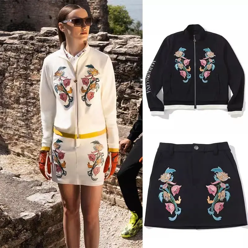 

Golf New Women's Fall/Winter Embroidered Top Sportswear Fashion Set with Stand Collar, Long Sleeves, and Short Skirt