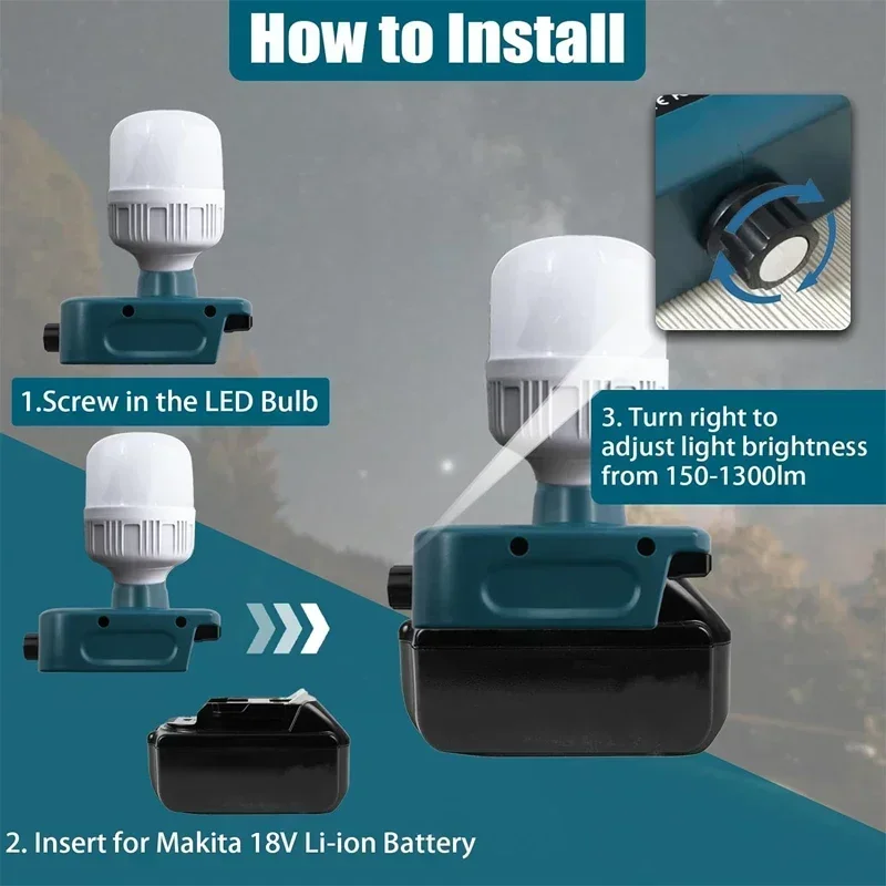 For Makita 18 Volt Li ion Battery 12W Bulb Outdoor Camping Lighting Low Voltage Lamp Portable LED Work Light