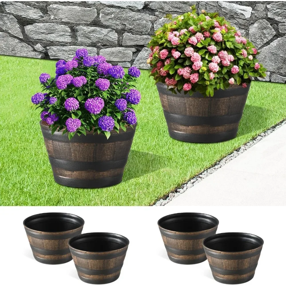 

4 Pack 13 Inch Rustic Oak Resin Whiskey Barrel Garden Planters for Indoor and Outdoor Plants Flowers