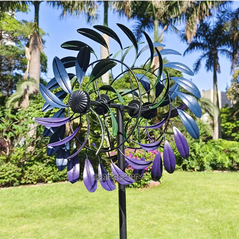 4-Tier Outdoor Wrought Iron Dual Ring Kinetic Wind Spinner Garden Stake Wind Sculpture Yard Ground Stake Ornament